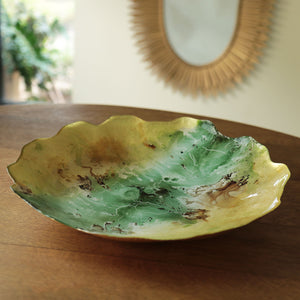 NEW ORLEANS Glass Green and Gold Marble Large Centerpiece with Scalloped Edges